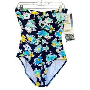Gabar Swimsuit Womens 14 Navy Multi Floral Bandeau Chlorine Resist One Piece NWT